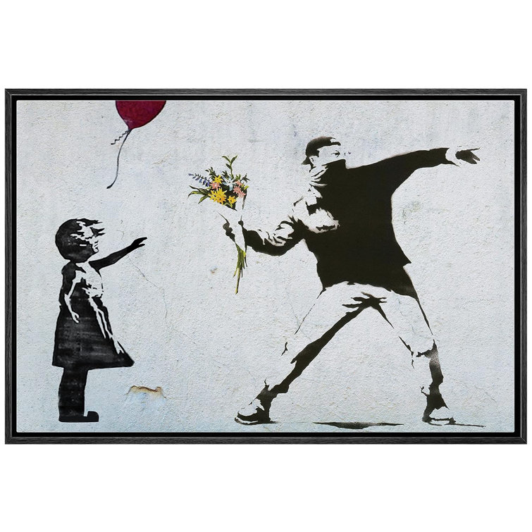 Pop Urban Street Banksy Flower Thrower And Balloon Girl Framed On Canvas  Print